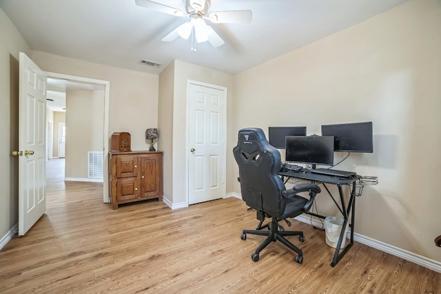 office area with ceiling fan and light hardwood / wood-style flooring