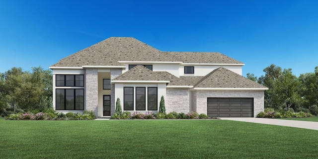 view of front of house featuring stone siding, an attached garage, driveway, and a front lawn