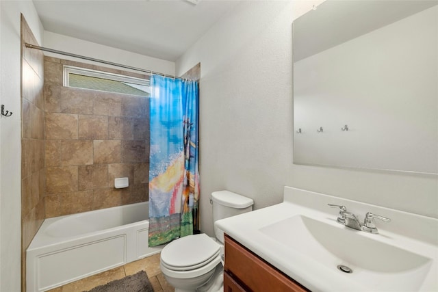 full bathroom with vanity, shower / tub combo with curtain, toilet, and tile patterned flooring