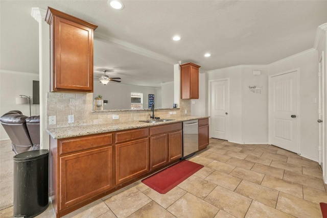 kitchen with ceiling fan, backsplash, stainless steel dishwasher, crown molding, and sink