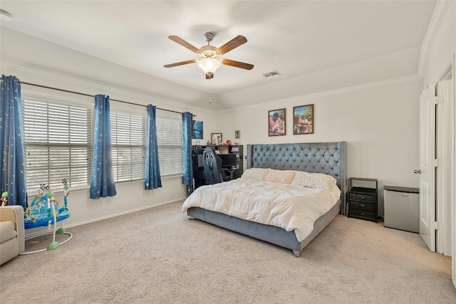 104 Bufflehead Ln, Leander, TX 78641 - bedroom with carpet, refrigerator, baseboards, a ceiling fan, and ornamental molding