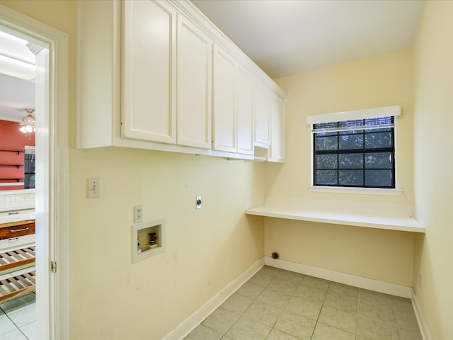 washroom with electric dryer hookup, hookup for a washing machine, light tile patterned flooring, cabinets, and ceiling fan