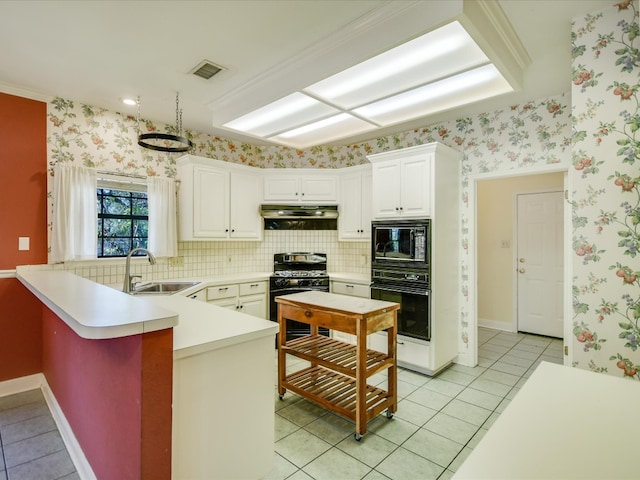 kitchen with exhaust hood, sink, black appliances, light tile patterned floors, and white cabinets