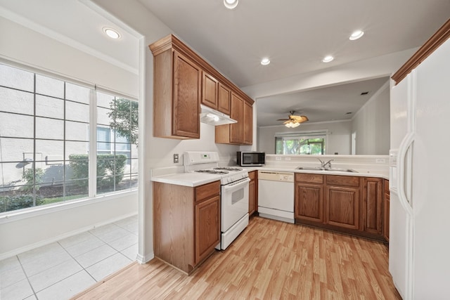 kitchen with light wood-type flooring, white appliances, ceiling fan, and sink