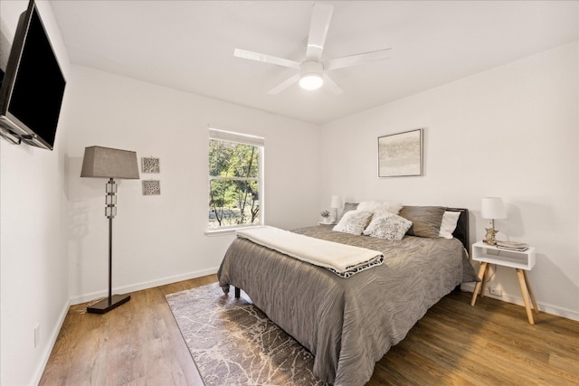 bedroom featuring ceiling fan and wood-type flooring