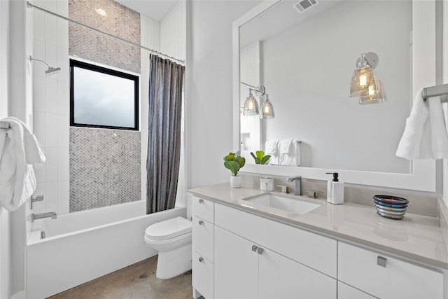 full bathroom with toilet, vanity, shower / bath combination with curtain, and concrete flooring