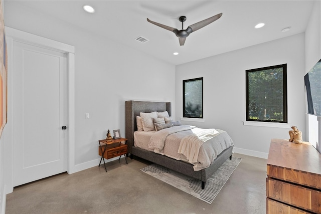 bedroom featuring concrete floors and ceiling fan