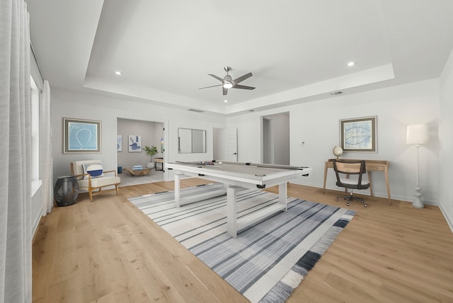 2305 Shane Ranch Dr, Cedar Park, TX 78641 - playroom featuring a raised ceiling, light wood-style flooring, ceiling fan, and recessed lighting