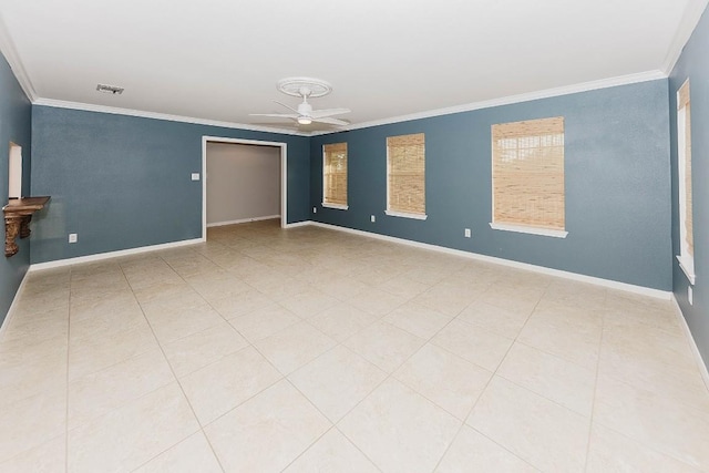 tiled empty room featuring crown molding and ceiling fan