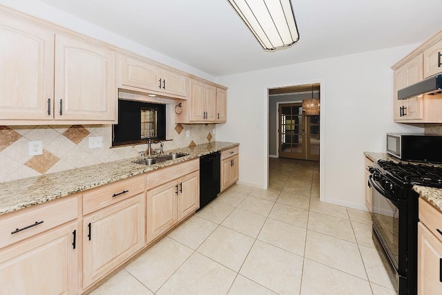 kitchen with sink, light tile patterned floors, black appliances, decorative backsplash, and light brown cabinets