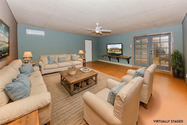 living room featuring french doors, ceiling fan, and an AC wall unit