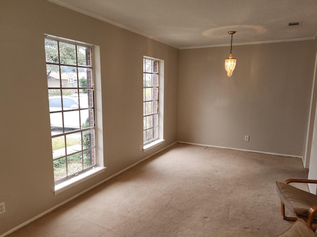 unfurnished room with ornamental molding and carpet flooring