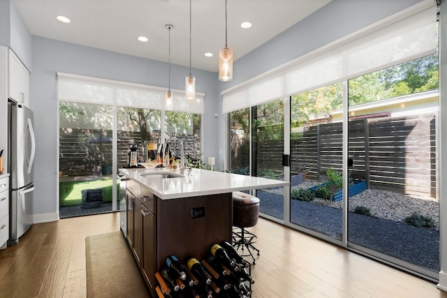 kitchen featuring dark brown cabinets, a sink, light wood-style floors, stainless steel appliances, and light countertops