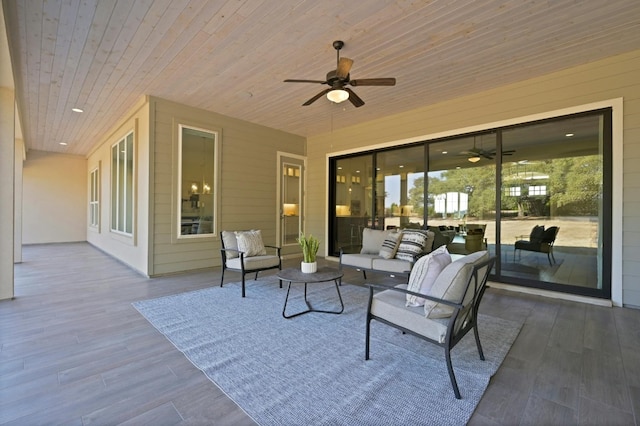 view of patio featuring an outdoor hangout area and ceiling fan