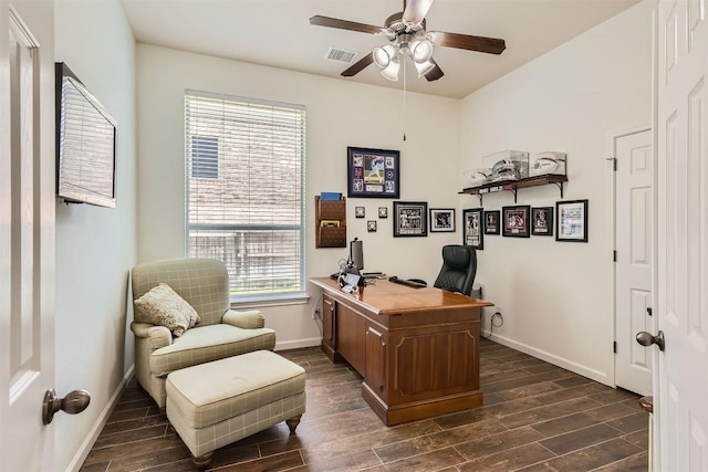 134 Fairwood Dr, Georgetown, TX 78628 - home office featuring dark wood-style floors and ceiling fan