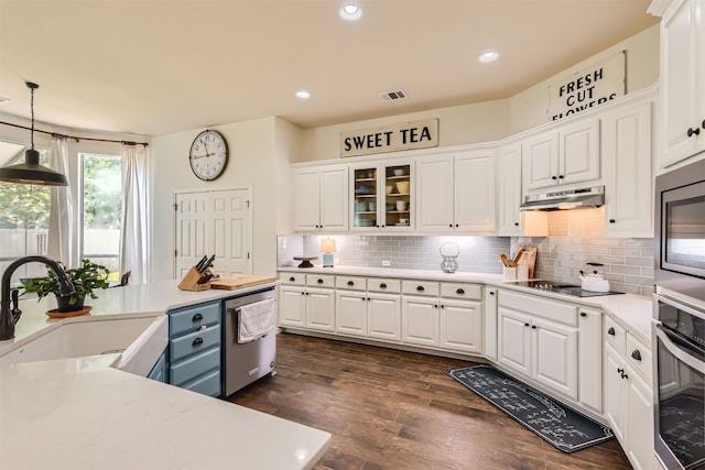 kitchen with white cabinetry, sink, hanging light fixtures, stainless steel appliances, and dark hardwood / wood-style flooring