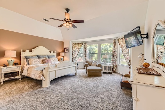 134 Fairwood Dr, Georgetown, TX 78628 - bedroom with carpet floors, lofted ceiling, and a ceiling fan