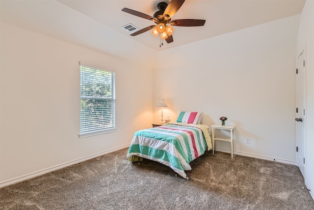 carpeted bedroom with ceiling fan