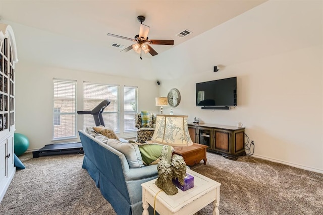 134 Fairwood Dr, Georgetown, TX 78628 - living room with carpet, a ceiling fan, and lofted ceiling