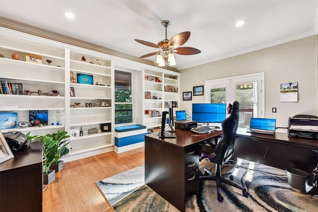 home office featuring ornamental molding, french doors, wood-type flooring, and ceiling fan