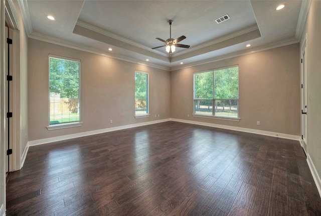 unfurnished room featuring dark hardwood / wood-style floors, a tray ceiling, and plenty of natural light