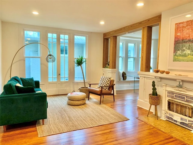 314 Pershing Ave, San Antonio, TX 78209 - living area featuring recessed lighting, wood-type flooring, a fireplace, and heating unit