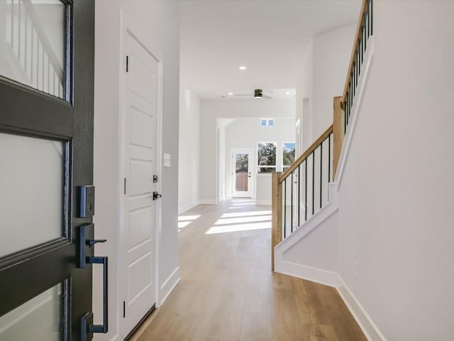 entrance foyer with ceiling fan and light hardwood / wood-style flooring