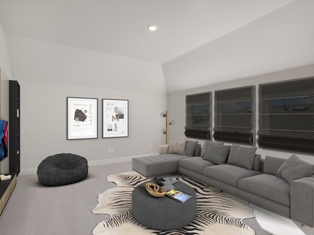 carpeted living room featuring lofted ceiling