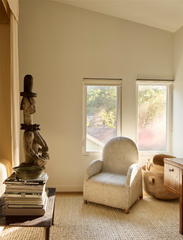 living area featuring wood-type flooring and vaulted ceiling