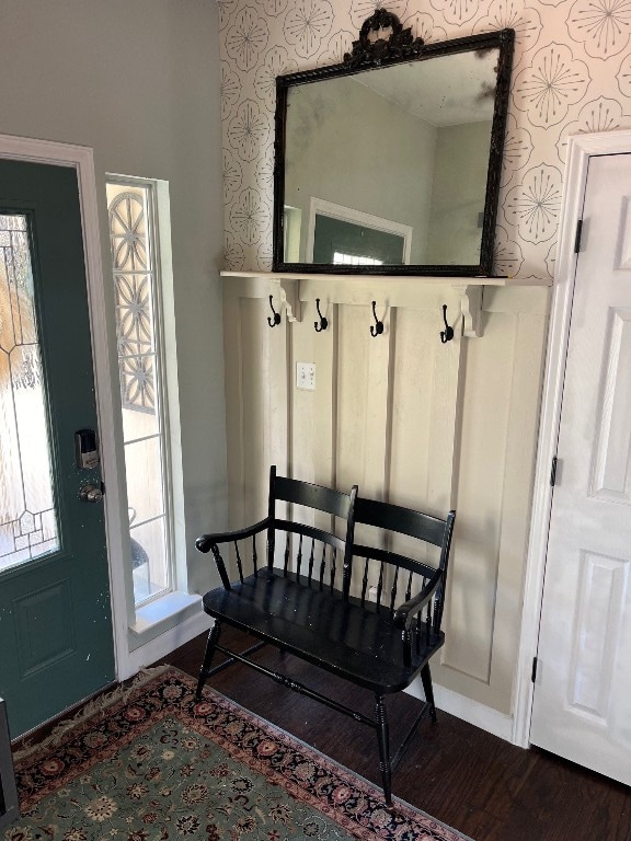 mudroom with a healthy amount of sunlight and hardwood / wood-style flooring