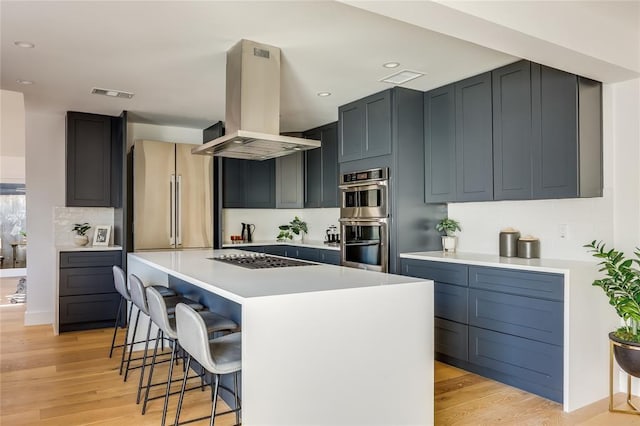 2900 Windsor Rd, Austin, TX 78703 - kitchen with island exhaust hood, stainless steel appliances, a kitchen breakfast bar, a kitchen island, and light countertops