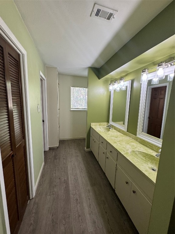 bathroom featuring vanity and hardwood / wood-style flooring