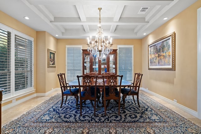 dining room with a notable chandelier, beam ceiling, and coffered ceiling