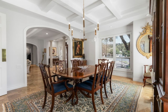 dining area with baseboards, arched walkways, coffered ceiling, beam ceiling, and recessed lighting