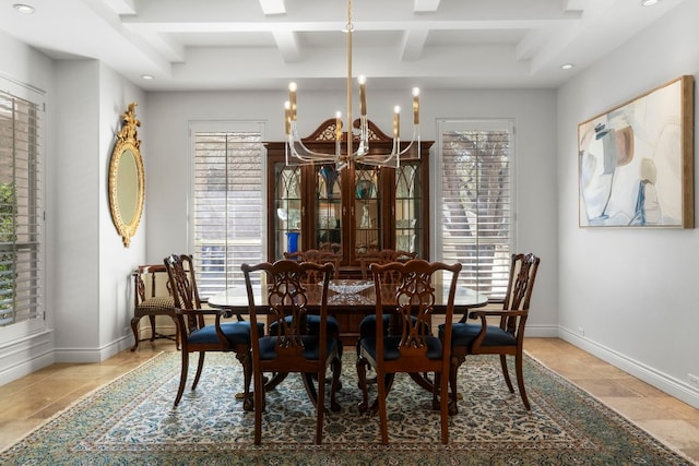 dining area with beam ceiling, a notable chandelier, recessed lighting, coffered ceiling, and baseboards