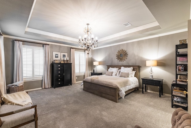 bedroom featuring a chandelier, carpet, a raised ceiling, and crown molding