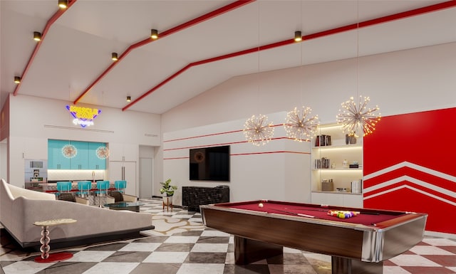 recreation room featuring lofted ceiling, an inviting chandelier, and pool table