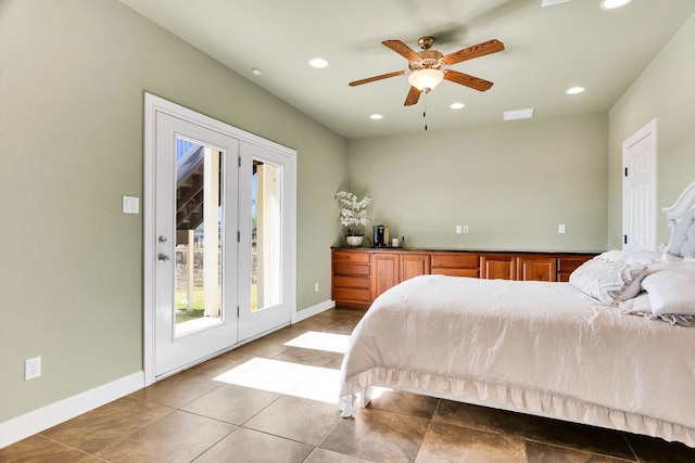 tiled bedroom featuring access to exterior and ceiling fan