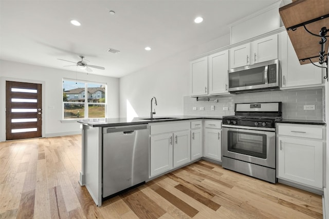 kitchen with kitchen peninsula, sink, white cabinets, light wood-type flooring, and appliances with stainless steel finishes