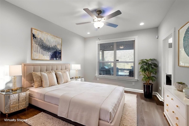 bedroom with baseboards, a ceiling fan, recessed lighting, and wood finished floors