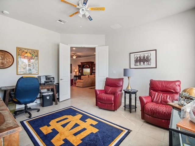 tiled home office with ceiling fan