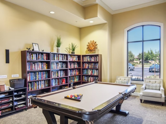 playroom with carpet, ornamental molding, and billiards