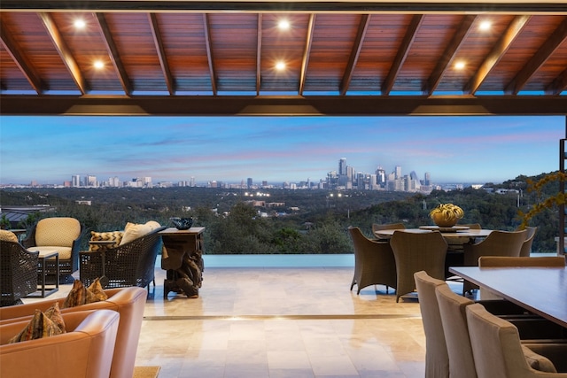 view of patio terrace at dusk