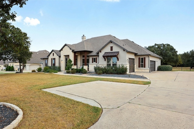 french country home featuring a garage and a front lawn