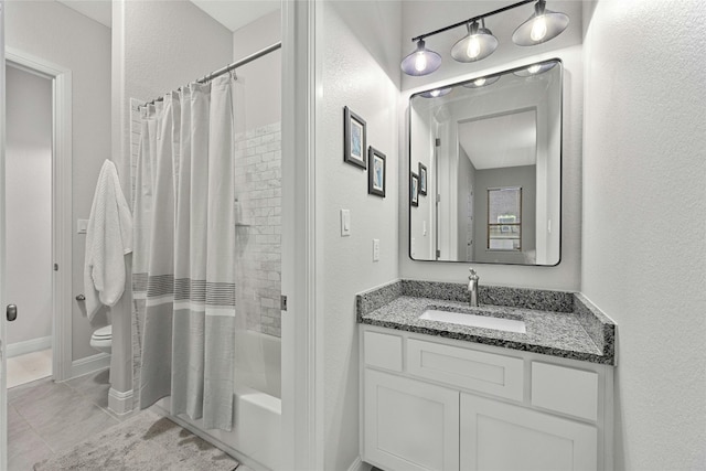 full bathroom with vanity, toilet, and shower / bathtub combination with curtain