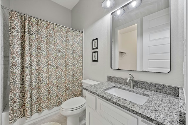 full bathroom with vanity, toilet, tile patterned floors, and shower / bathtub combination with curtain