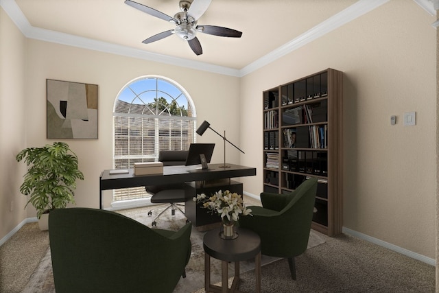 carpeted office space with ornamental molding and ceiling fan