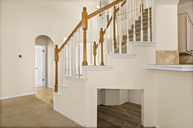 stairway featuring carpet flooring