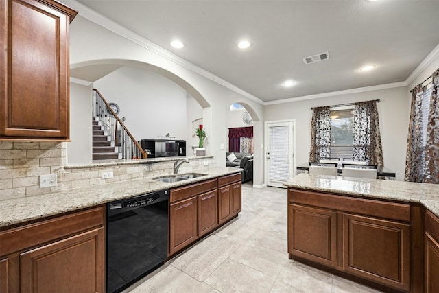 kitchen featuring black dishwasher, sink, ornamental molding, and tasteful backsplash