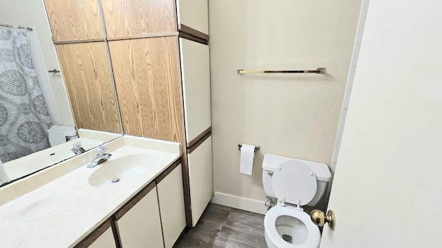 bathroom with vanity, toilet, wood-type flooring, and a shower with shower curtain